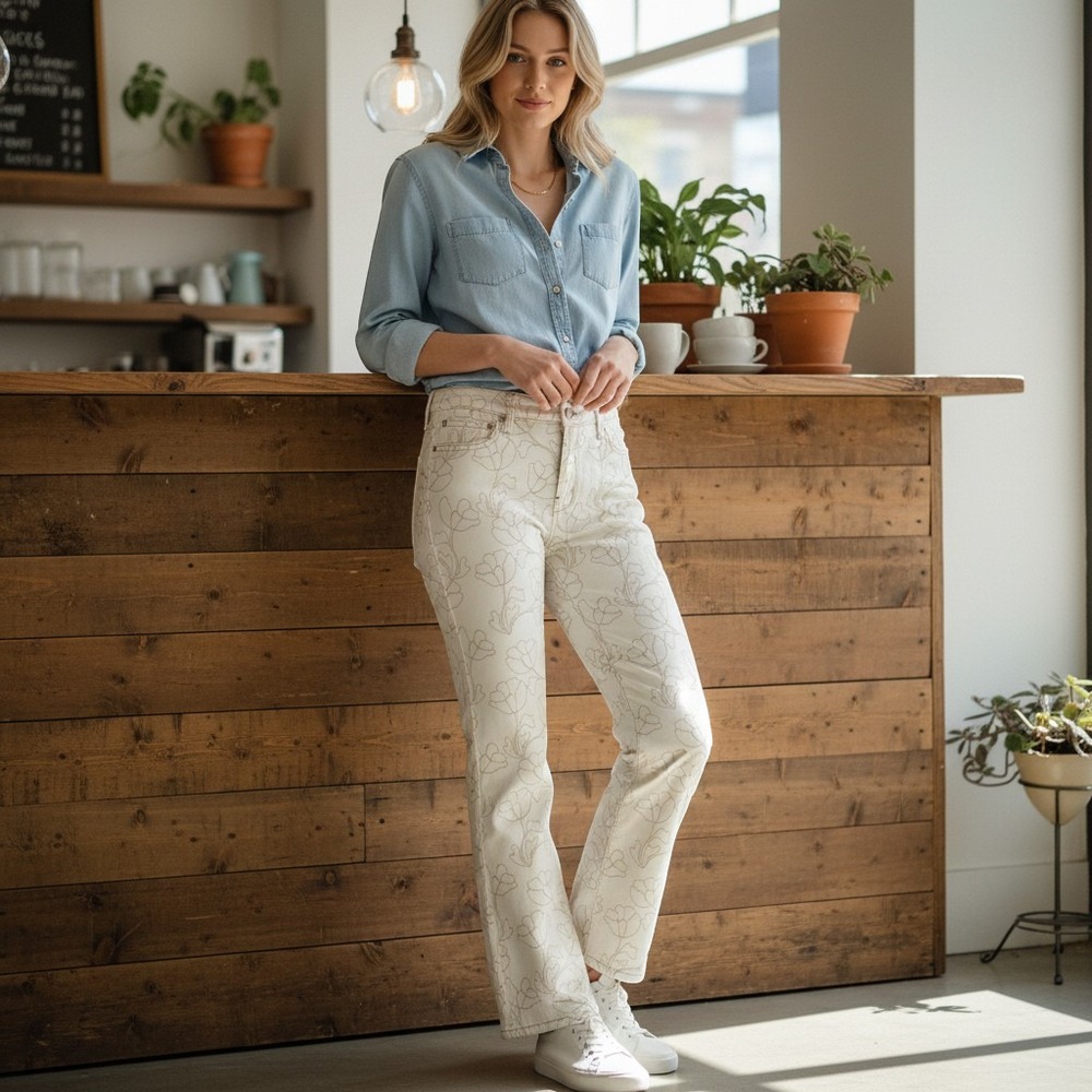 Rachel Rachel Roy Satisfied Mid Rise Bootcut Embroidered Jeans White Tan 8/29